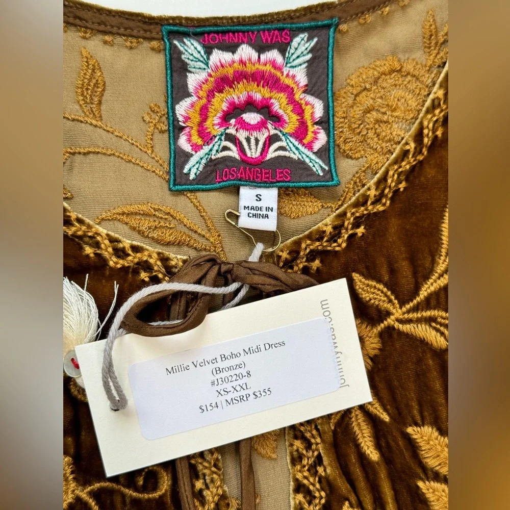 Johnny Was embroidered  Millie Velvet Boho Midi Dress Small Bronze - Picture 4 of 4